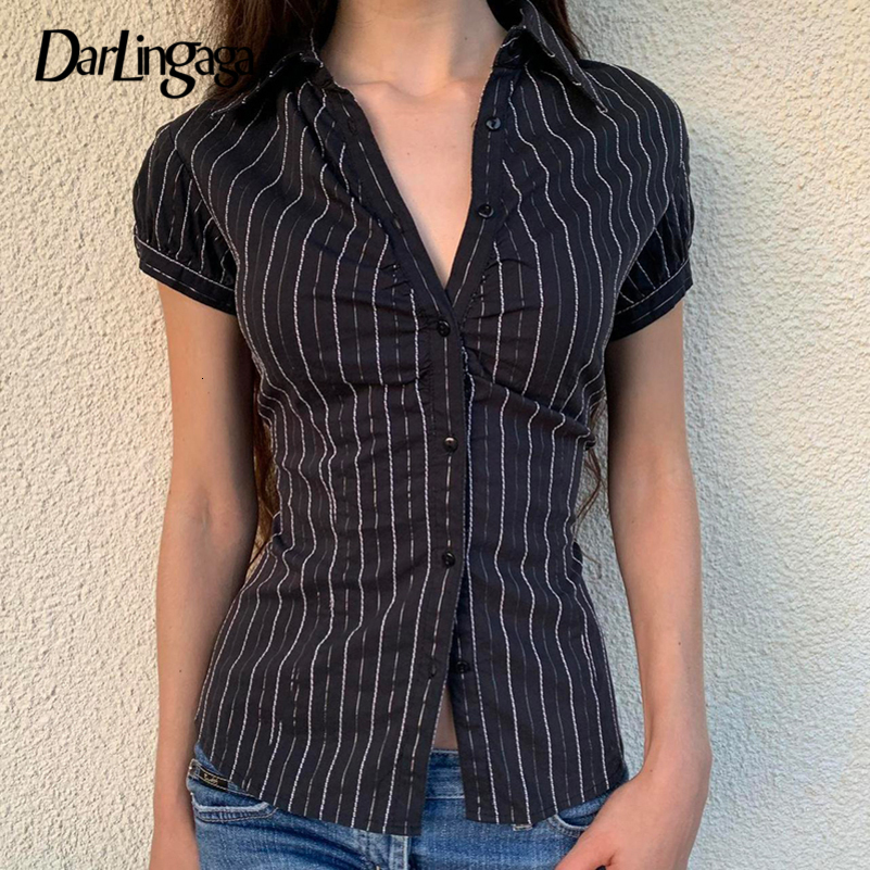 Darlingaga Fashion Chic Stripe Slim Summer Blouse Women Tops Short Sleeve ButtonsUp Shirt Cardigan Y2K Aesthetic Retro Outfits 250823
