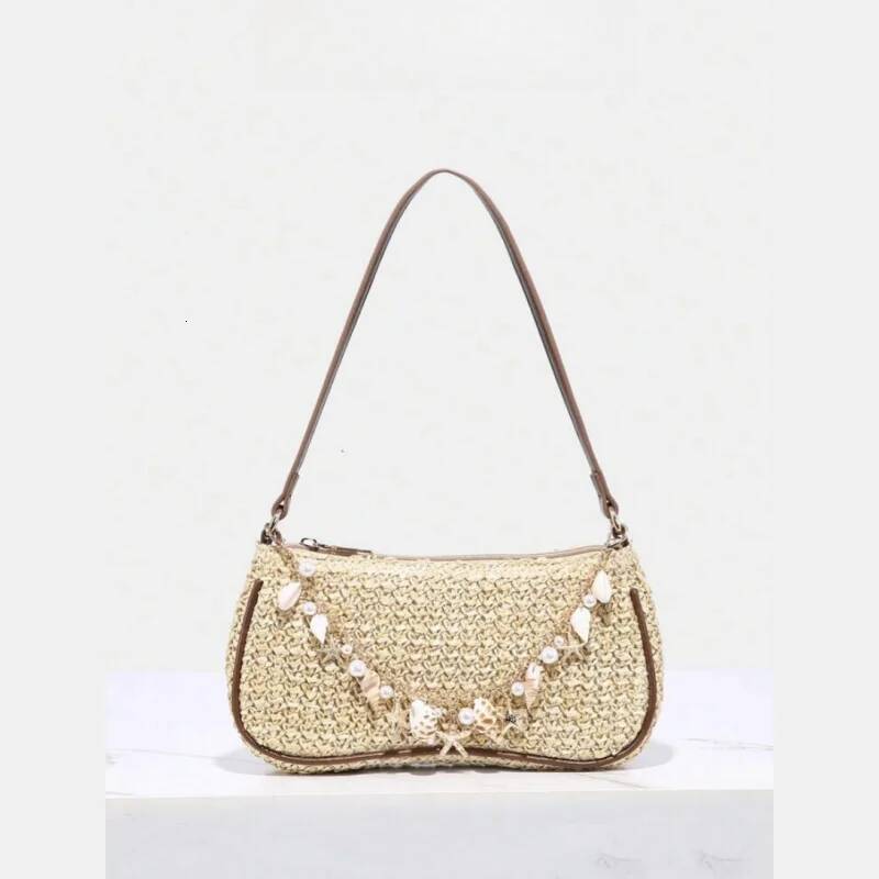 Straw Woven Decorated With Shell & Starfish Chains, Shoulder Underarm Hobo Bag, Suitable For Summer, Beach Vacation