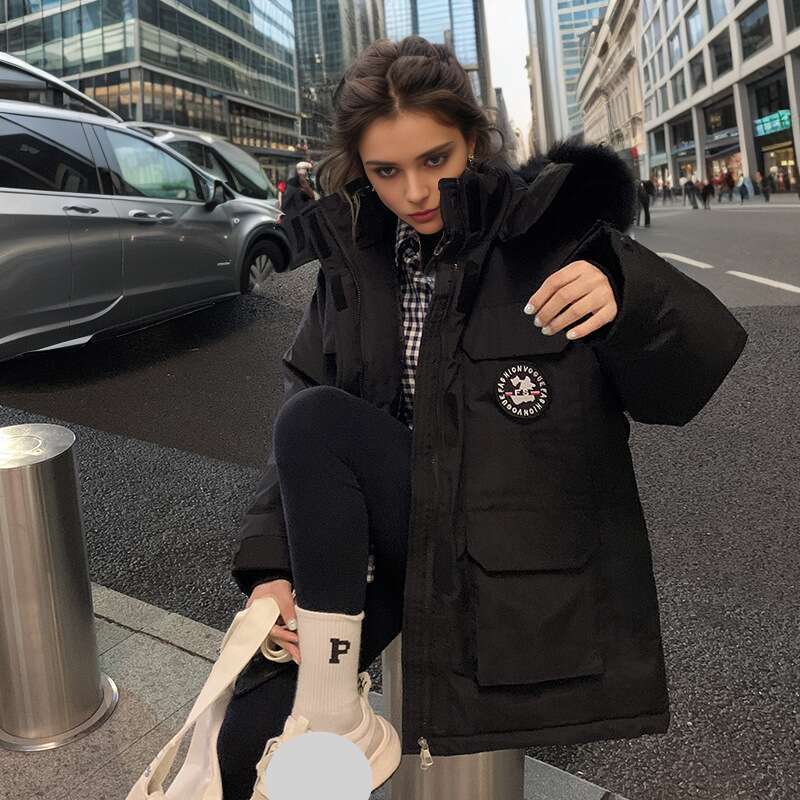 Chic Fur Collar Hooded Puffer Jacket Winter Women Parkas Pockets Warm Loose Zipper Cotton-padded Jacket Design Clothing Coats