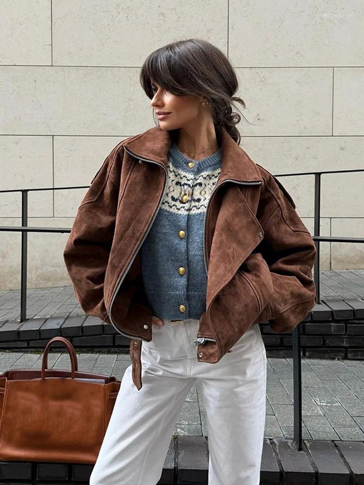 Women's Jackets Chic Brown Suede Cropped Casual Coat Vintage Lapel Solid Color Zipper Short Jacket 2025 Autumn Woman Padded Shoulder