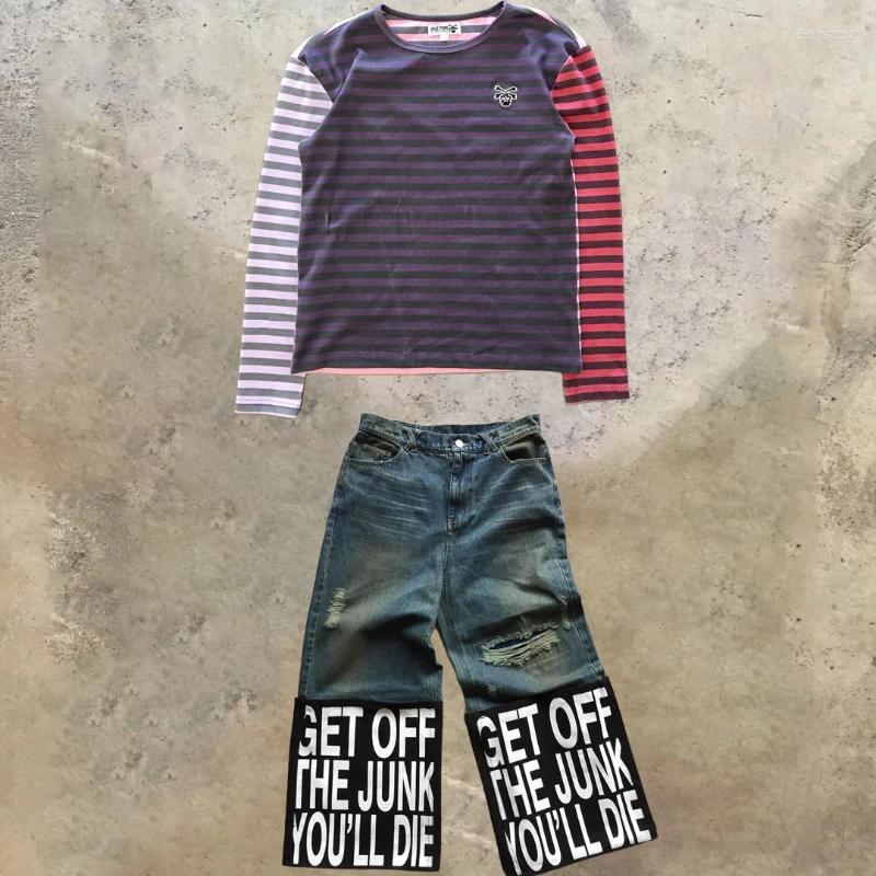 Men's Fashionable Hip Hop Streetwear Y2K Baggy Embroidered Junk Graphic Patchwork Floor Spliced Stripe Long Sleeved Tee