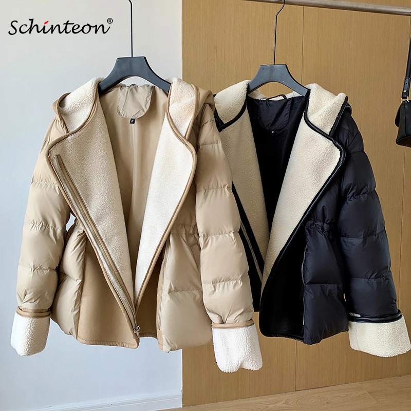 Schinteon Women Lambswool White Duck Down Jacket with Hood Autumn Winter Warm Outwear Casual Patchwork Coat European Style 250825