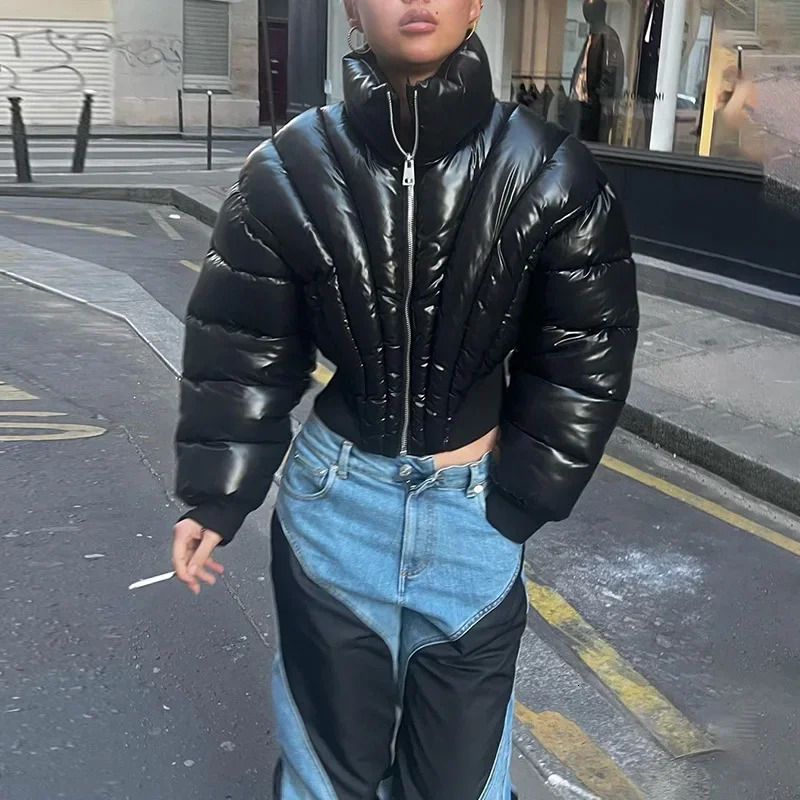 Street Women Broad Shoulder Puffer Jackets High Waist Warm Bubble Coats Slim Puffer Jacket Parkas Zipper Cropped Parkas Down 250825