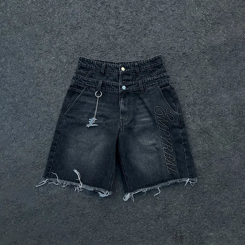 Y2K Retro Washed Shorts Distressed Embroidery Letters High Waist Denim Shorts Fashion Men Women Hip Hop Casual Streetwear 250825