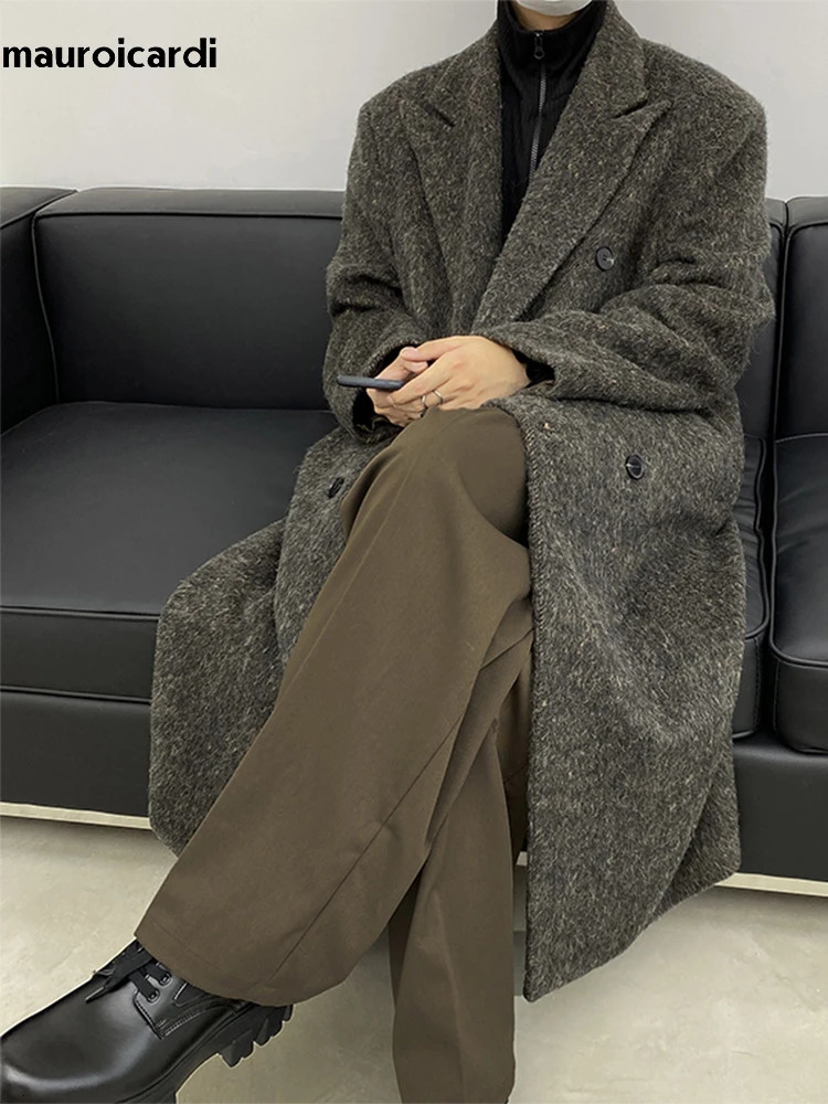 Mauroicardi Autumn Winter Long Loose Casual Warm Soft Woolen Trench Coat Men Double Breasted Wool Overcoat Korean Fashion 250825