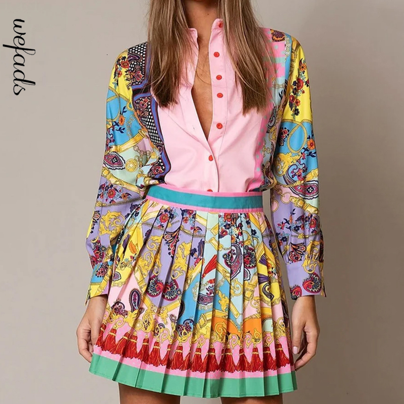 Wefads Women 2 Piece Set Fashion Printed Long Sleeve Lapel Single Breasted Button Shirt Top A Line Pleated Mini Skirt Sets 250823