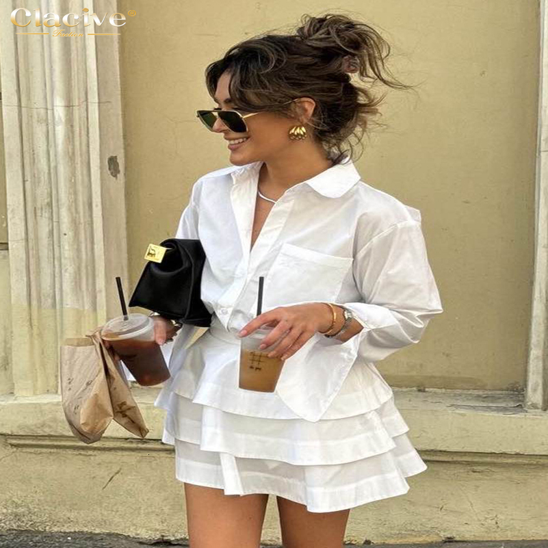 Clacive Fashion Loose White Cotton Womens Two Pieces Set Elegant Long Sleeve Shirt With High Waist Pleated Mini Skirt Set 250823