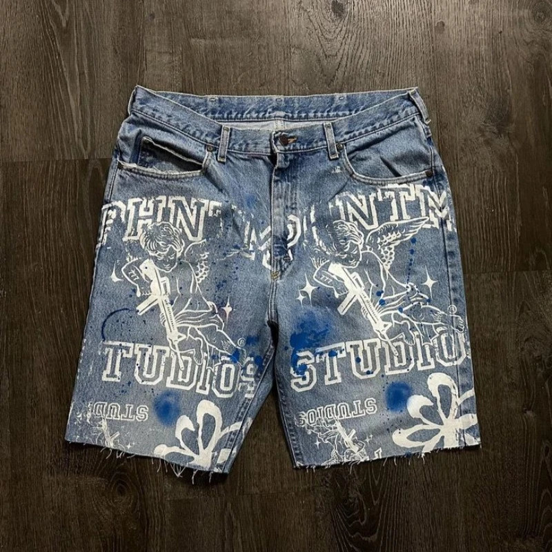 Summer Fashion Oversized Print Casual Denim Shorts Men Y2K American Vintage Hip Hop Baggy Couple Sweatpants 250825