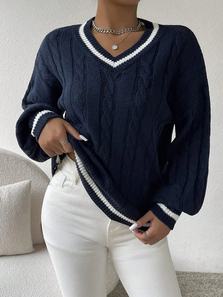 Fashionable and elegant Vneck top Womens Fried Dough Twists intercolor knitwear Long sleeve loose 250825