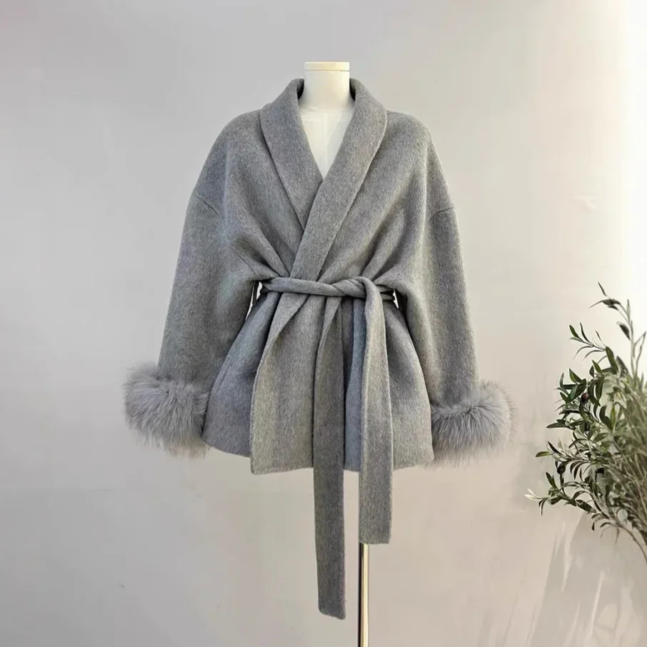 Double-Sided Fox Fur Woolen Coat Short Style Womens Robe Model Arrival Elegant Color Block Casual Chic 250825BJ
