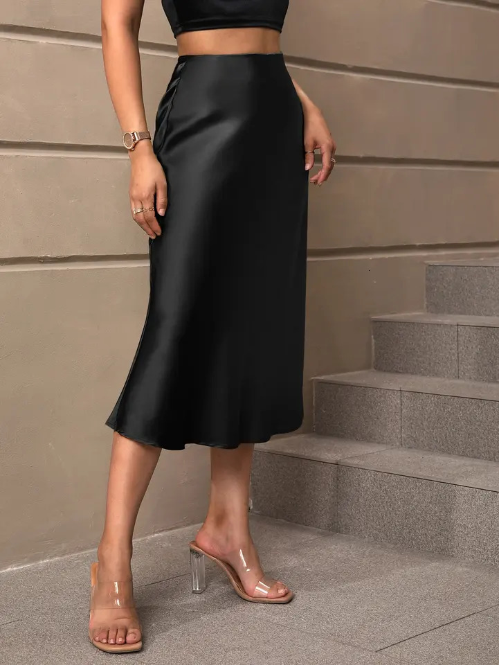 European and American style satin skirt elegant spring and summer style polyester mid length Aline skirt 250825