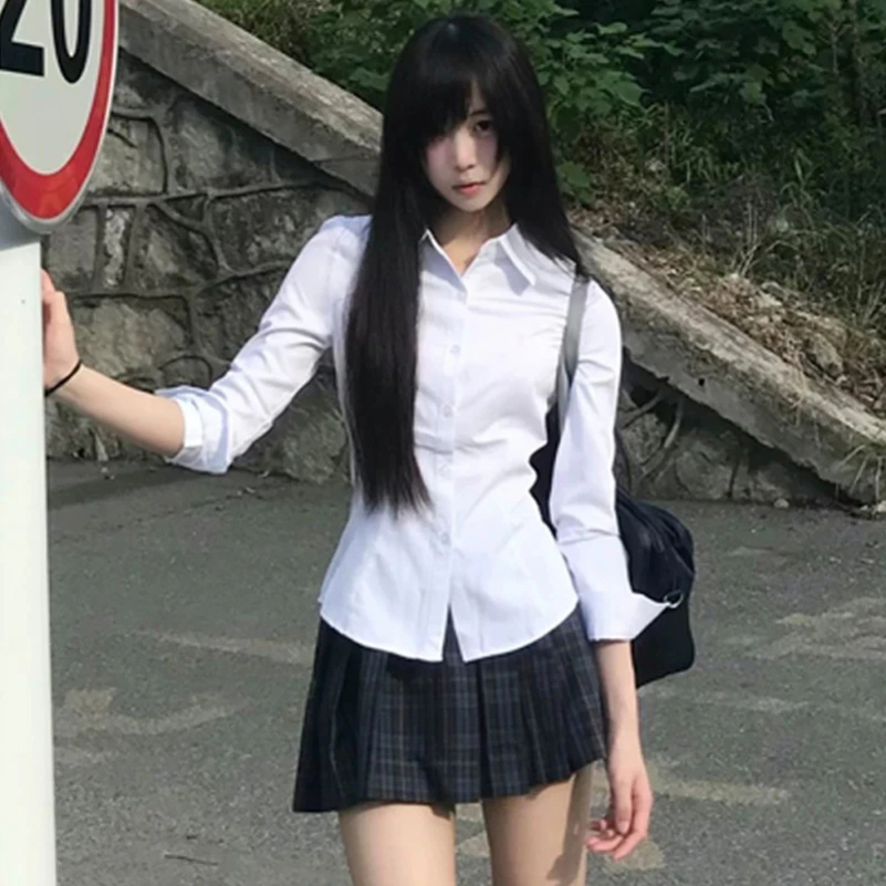 Harajuku Y2K Slim Fit White Shirt Women Waist Slimming Long Sleeve Jk Shirts Woman All Match Turn Down Collar Chic Blouse 250823