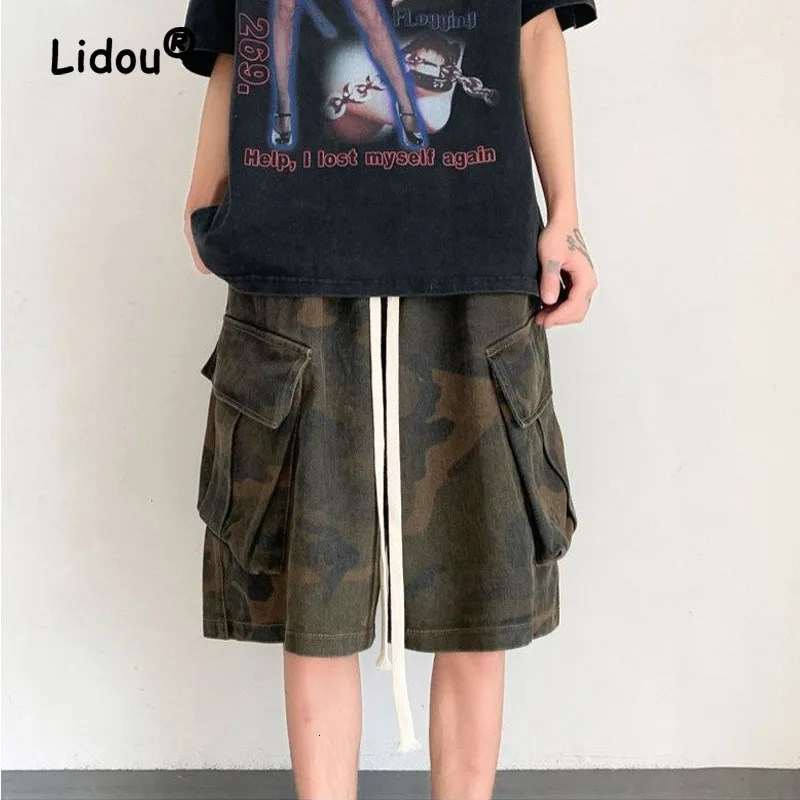 Fashion Camouflage Multiple Pockets Mens Cargo Shorts Classic Waist Drawcord Street Casual Loose Pure Cotton Handsome Short 250825