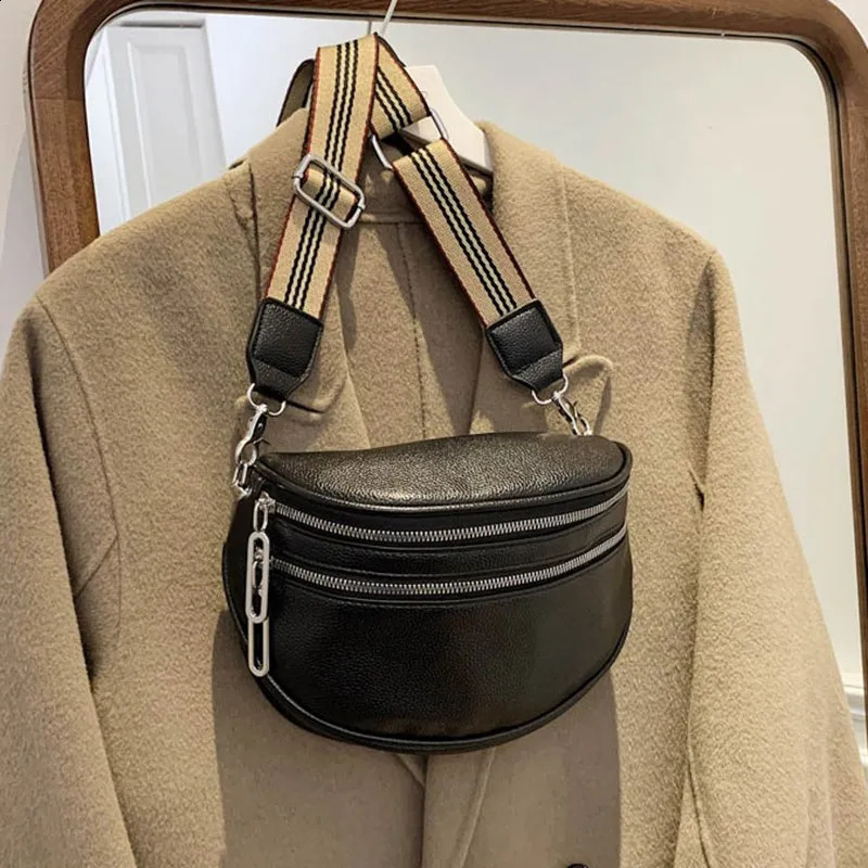 High Looks Simple Fashion Double Zipper Fanny Pack Daily Commuting with A Wide Shoulder Strap Leather Shoulder Bag 250815