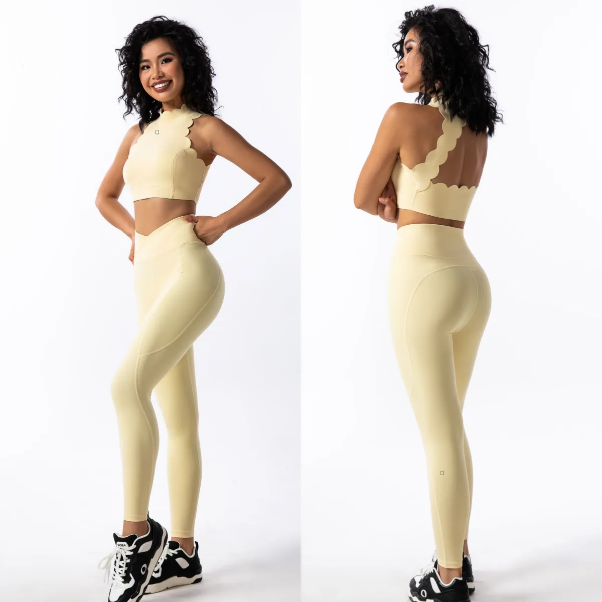A1189 Slant-shouldered Lace Top Female Nude Sports Vest Fitness Suit Tight Yoga Pants with Chest Pad-image-1071731633