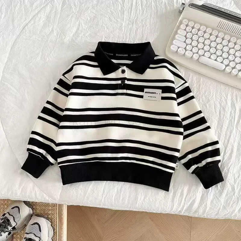 Kids Striped Sweatshirt New Autumn Spring Boys Long Sleeve Pullover Baby Cotton Lapel Polo Tops Children Clothes 16 Years M250825