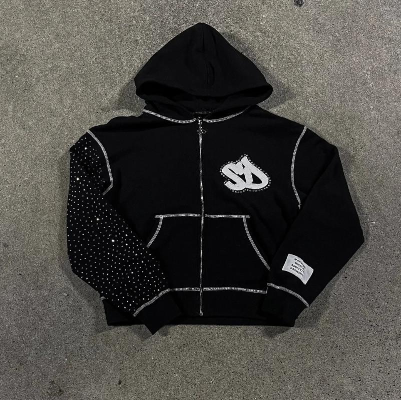 Men's Jackets Streetwear Women Hip Hop Fashion Retro Embroidery Personality Flash Diamond Oversize Hoodie Y2K Harajuku Goth Casual