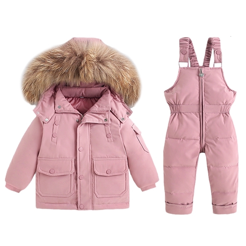 -30Degree Russia 2Pcs Set Children Winter Down Jacket and Jumpsuit Thicken Boy Girls Ski Suit Real Fur Collar Warm Kids Snowsuit 250823