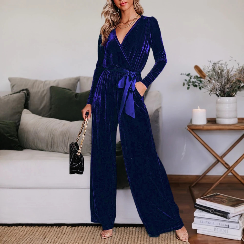 Womens Solid Elegant Velvet Long Sleeve VNeck Jumpsuits Winter Ladies Party Cocktail Banquet Evening Romper Straight Pants 250825