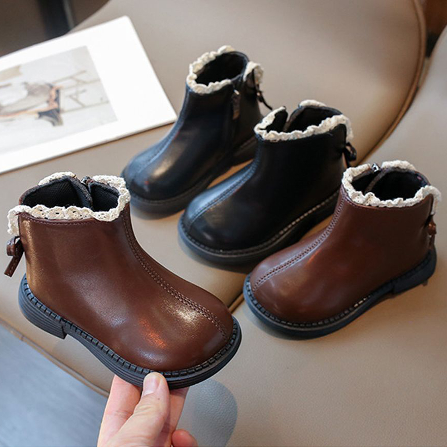 Girls Ankle Boots with Back Bow knot Kids Short Boots Soft Sole Walkfashion 2025 New Girl Princess Leather Boots with Side Zip Sizes 21-35 W0084