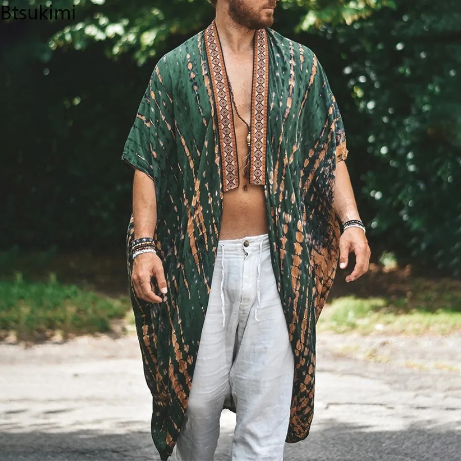 Summer Mens Shawl Coat Holiday Beach Style Sun Protection Coverups Casual Printed Long Cardigans Loose Cape Jacket for Men 250825