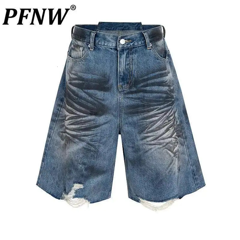 PFNW High Street Washed Worn Blue Denim Shorts For Men Summer Chic Dirty Dye Moustache Effect Knee Length Pants 28W6485 250825