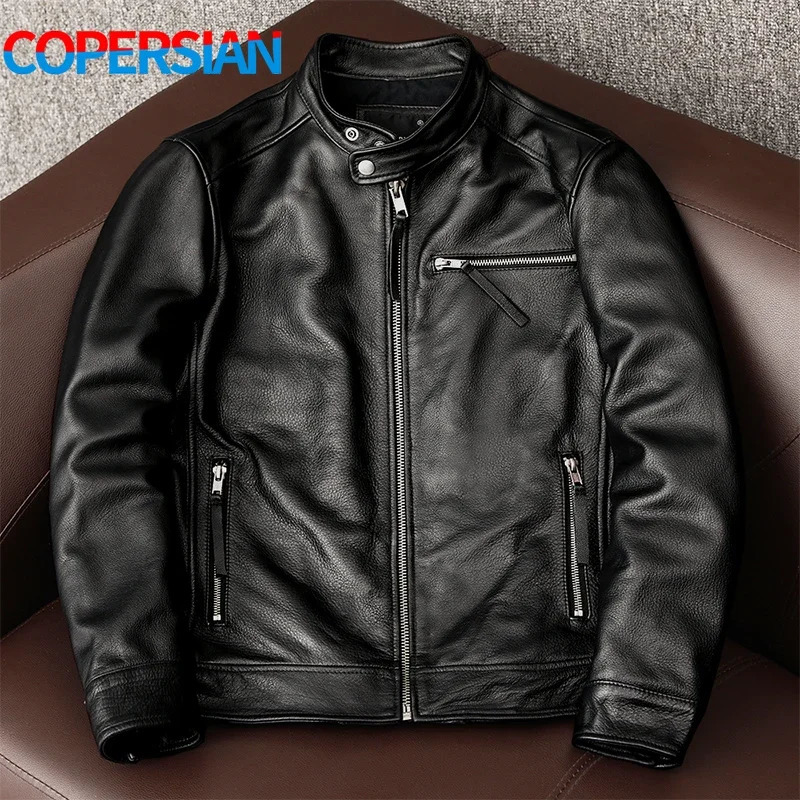 trendy pure top layer soft cowhide genuine leather jacket mens slimfit standup collar leather jacket coat 250825