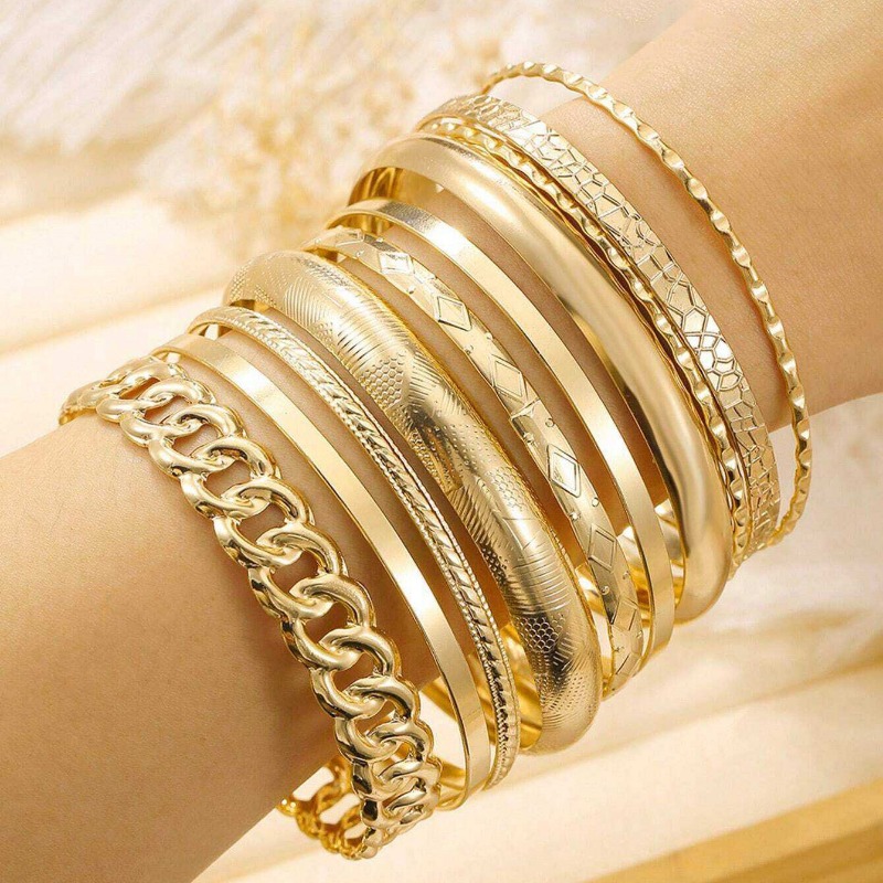 Stacked Bohemian Alloy Bracelet Set for Women Retro Minimalist Mix and Match 10pcs Hollow Hard Body Bracelet