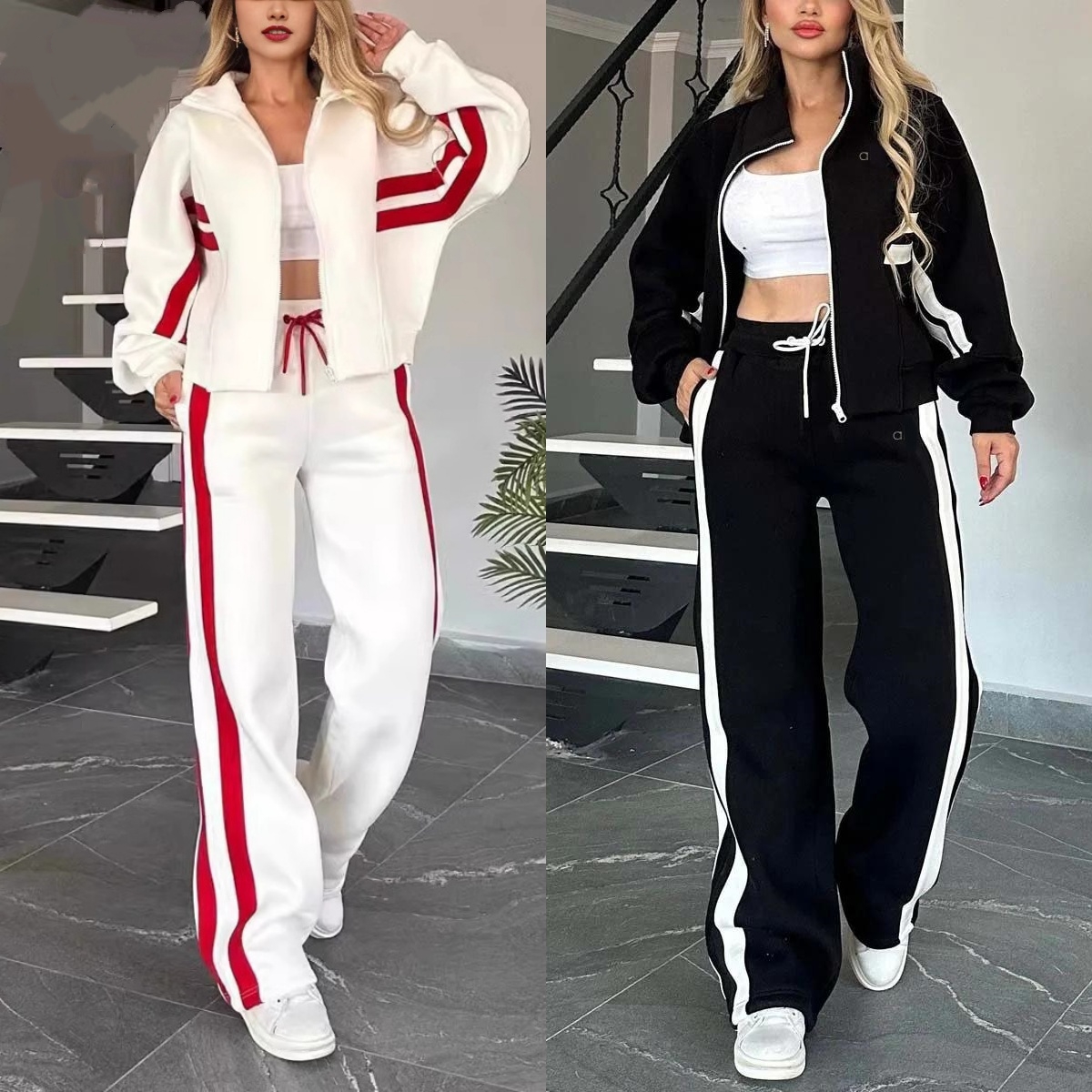 A1115 Casual Striped Yoga Set for Ladies: Cozy Hooded Jacket & Comfortable Joggers Combo-image-1070929376