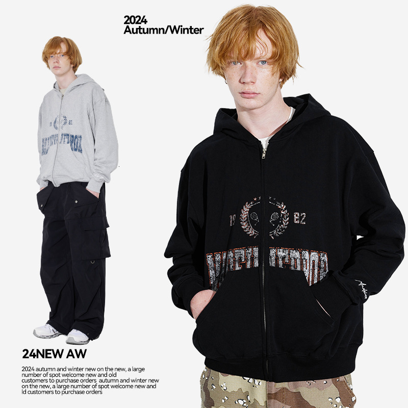 American t shirt Pound Dot Vintage Effect Printed Loose Zipper Hoodie for Men Autumn Winter New Style