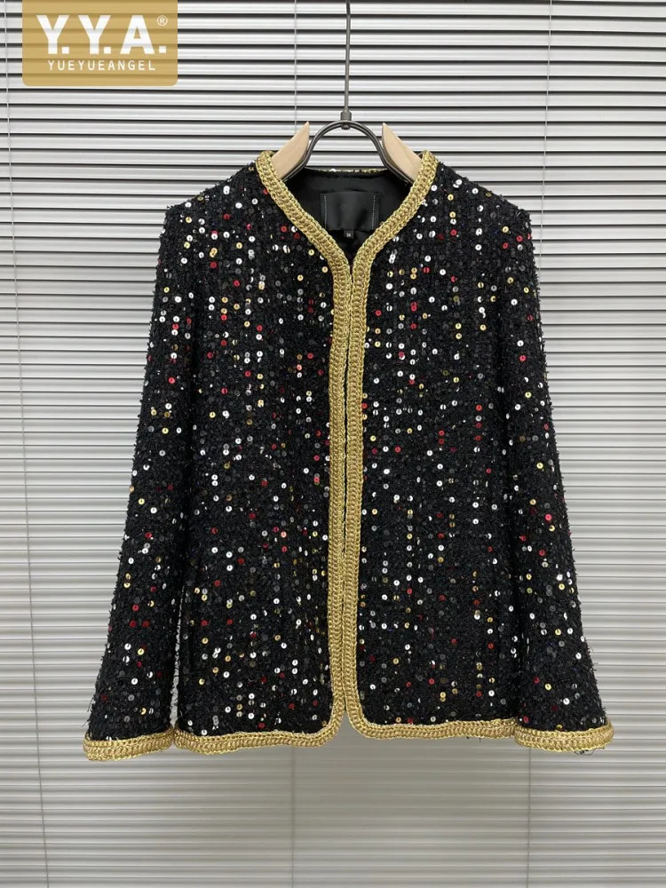 Vintage Office Ladies Elegant Tweed Jacket VNeck Slim Fit Fashion Outerwear Spring Women Long Sleeve Sequins Party y Coat 250826