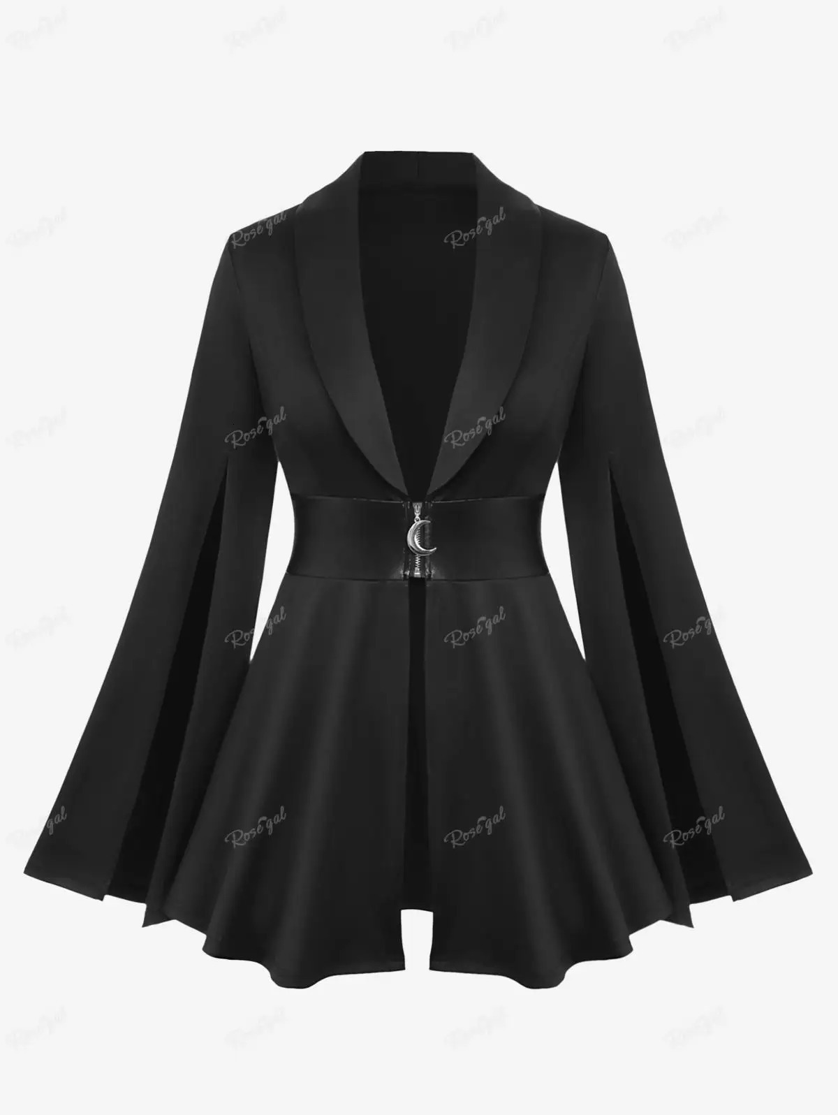 ROSEGAL Plus Size Gothic Widewaisted Coat Lapel Collar Split Flutter Sleeves PU Panel Zipper Belted Ruched Jacket Outwear Black 250825