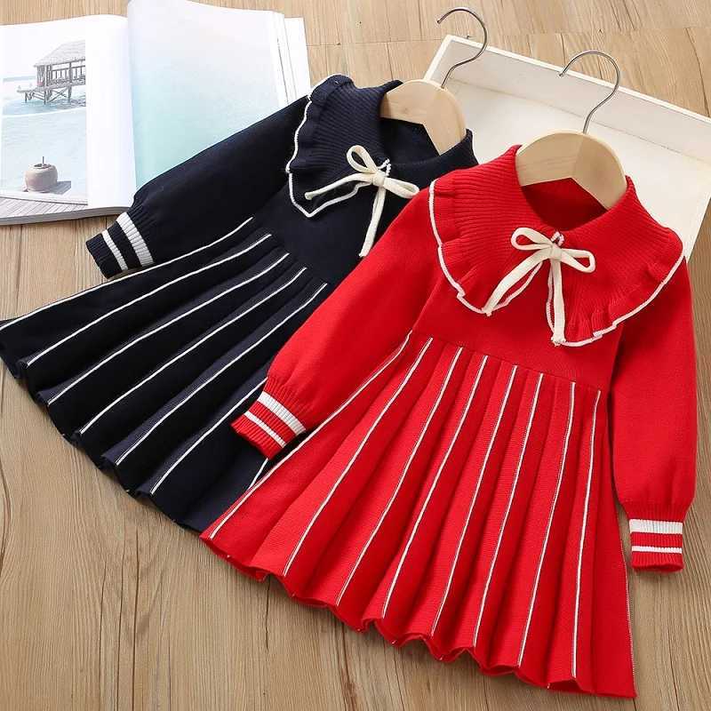 2023 AutumnWinter New Knitted Long Sleeve Bowtie Girls Dress Childrens Sweet Bowtie Knitted Sweater Dress WinterXJ250826