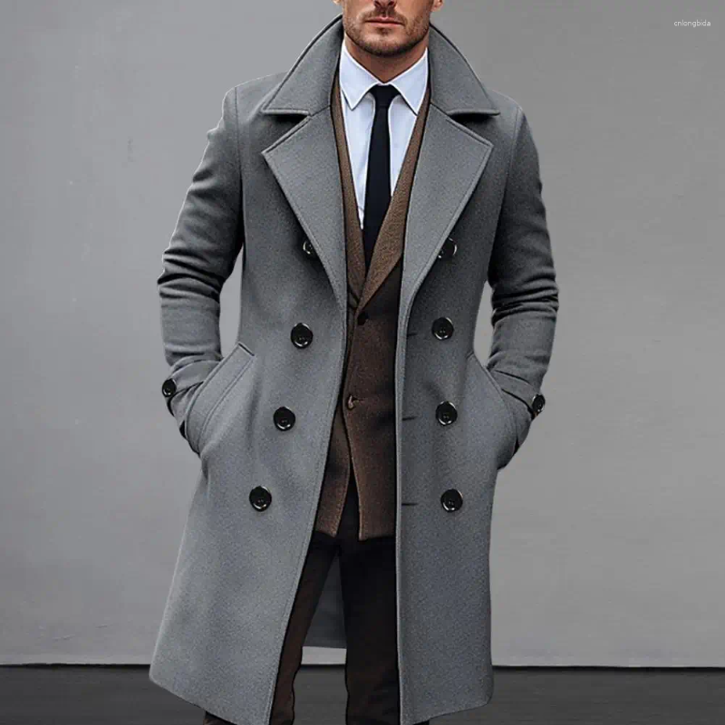 Men's Wool Men Long Woolen Coat Lapel Sleeve Solid Color Windbreaker Pockets Double Breasted Mid-length Outwear