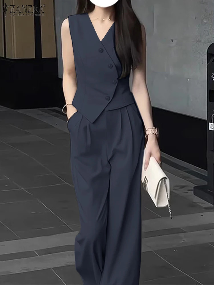 ZANZEA Elegant Summer Sleeveless Tops Wide Leg Trousers 2 Piece Sets Solid Office Lady Outfits Women OL Work Pants Sets 2PCS250825