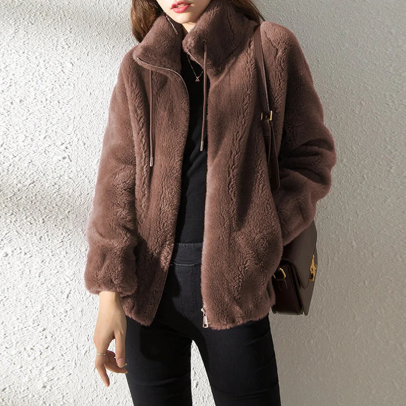 Women Winter Double Coral Fleece Warm Coat Stand Collar Plush Thick Overcoat Female Fashion Casual Long Sleeve Zipper Clothes 250826