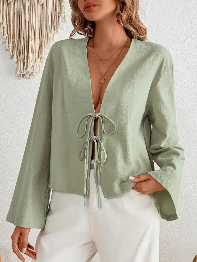 Sexy Lace Up Hollow Out Shirt Women Loose Solid Vneck Lantern Sleeve Tops Female 2024 Summer Casual Fashion Lady Short Blouses250825