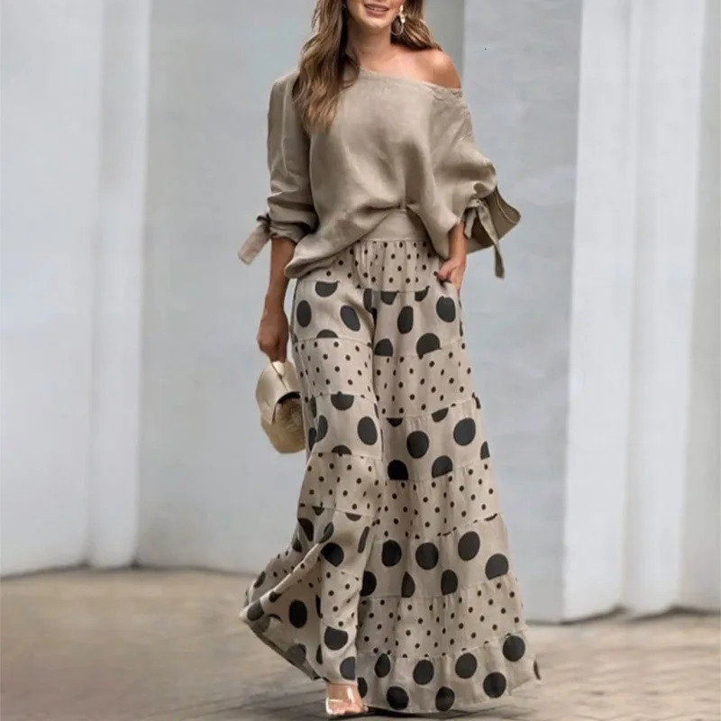 Spring Summer Elegant Fashion Print Womens Set Twopiece Casual OneNeck OffShoulder LongSleeve Solid Top Loose Culottes Suit250825