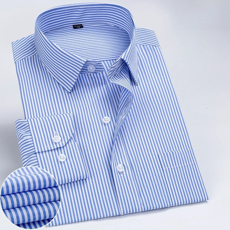 Men Formal Shirt Long Sleeve Office Solid Color Striped AntiWrinkle Fashion Business Pocket White Social Pocket Shirt S7XL250825