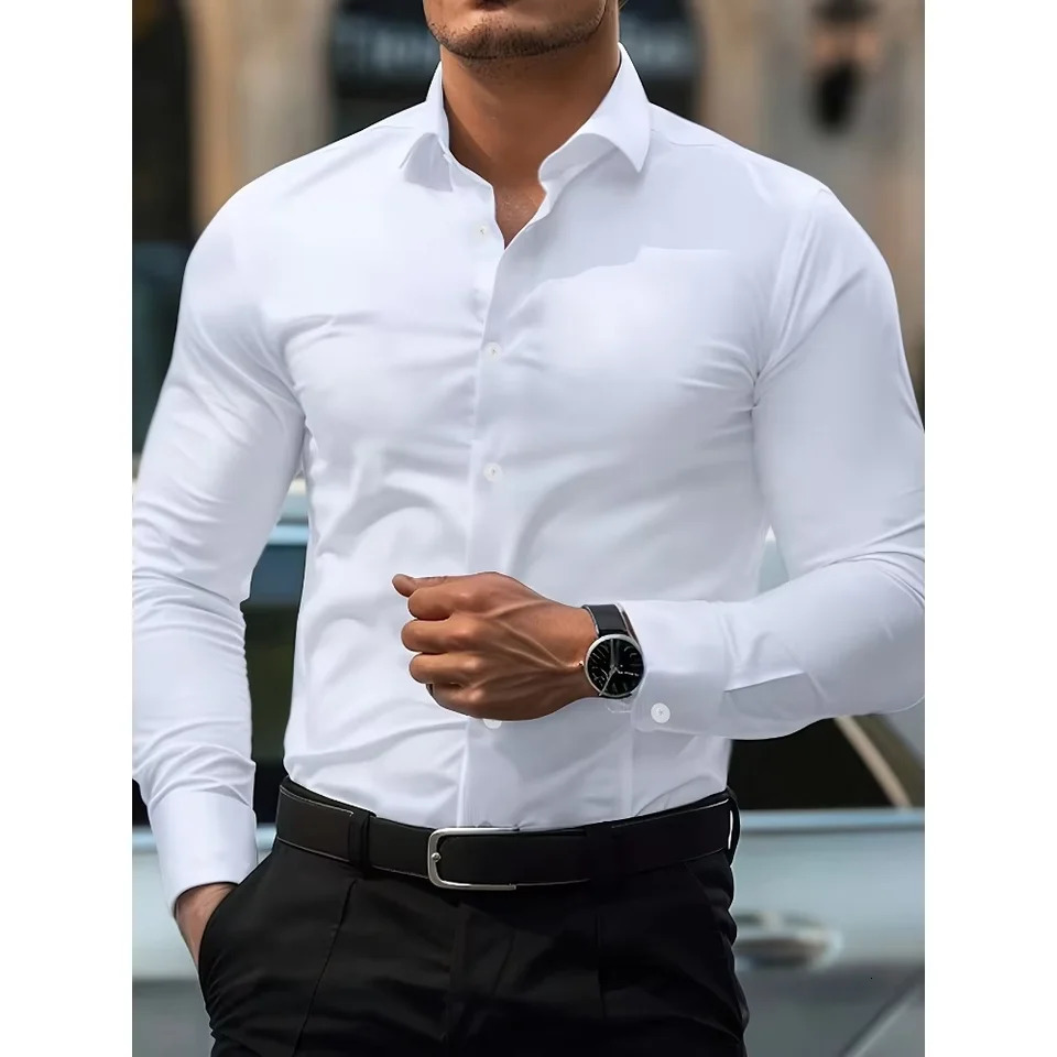 FGKKS Men Casual White Shirt Fashion Solid Color Long Sleeve Elastic Fabric Male Business Dress 250825