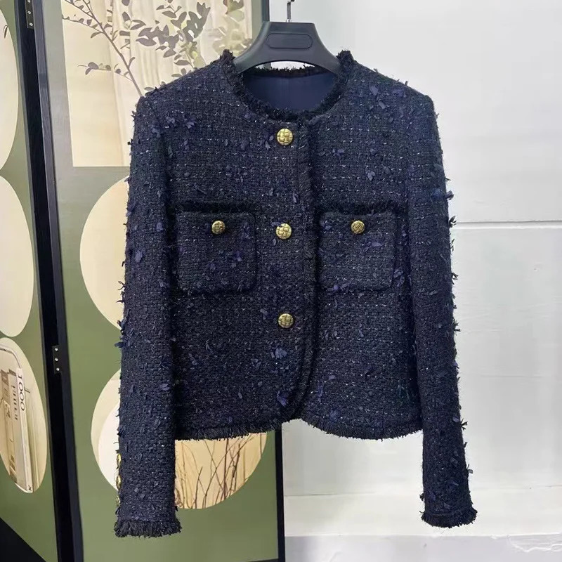 y Tweed Short Coat for Women Small Fragrance O Neck Tassel Simple Casual High Quality French Fashion Autumn Winter 250826