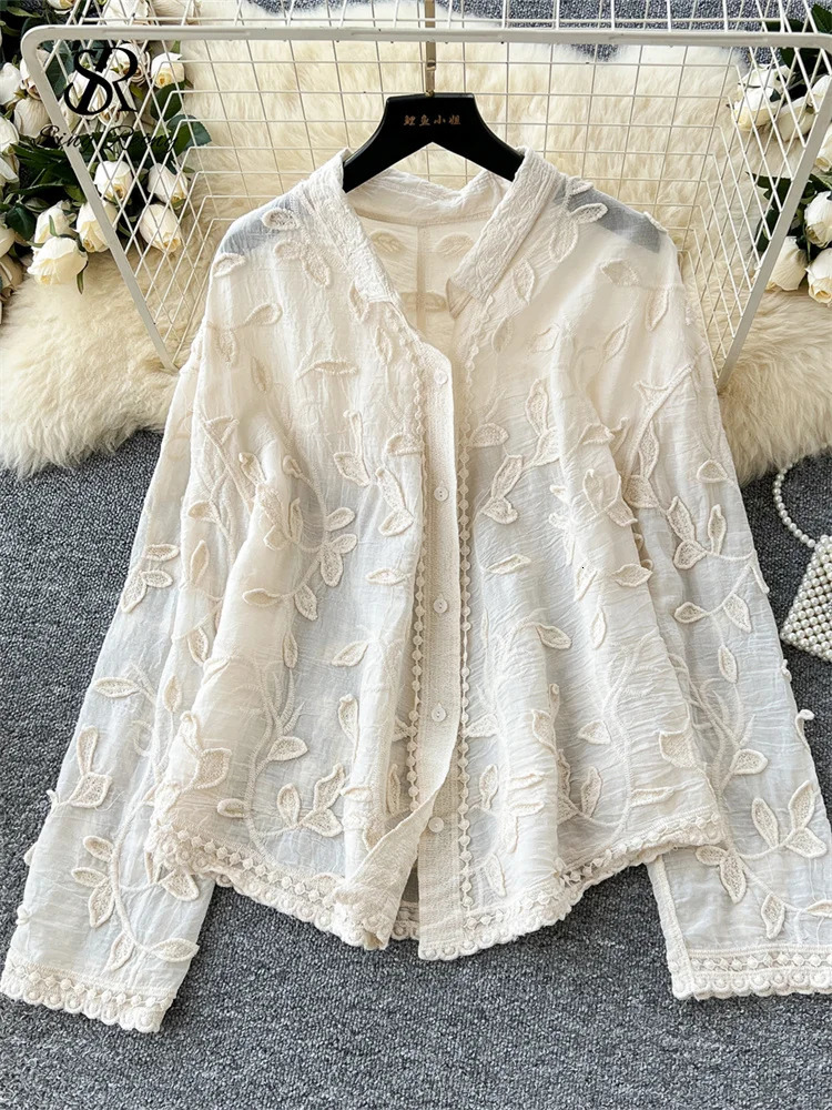 SINGREINY 2025 Spring Gentle Women Blouse Leaves Embroidery Single Breasted Long Sleeves Summer Thin Streetwear Casual Shirt250825