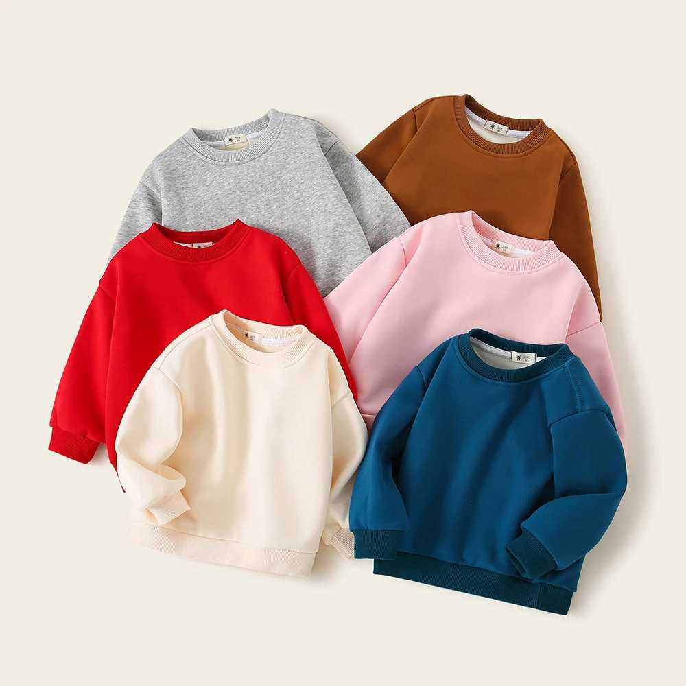 Childrens Boys Sweatshirts Autumn Winter Thickened Integrated Fleece Solid Baby Boys Pullovers Simple Versatile Toddler Boys Top Z250826