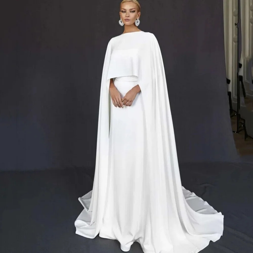 2026 Chic White Evening Formal Dress Cap SLeeves O-neck Pleats Floor Length A-line Satin Prom Pageant Party Gowns Robe De Soiree