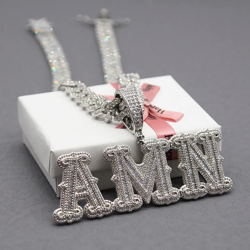 Customized Name Necklace Zirconia Baguette Letters with 12MM Cuban Chain Hip Hop Pendant For Men Women Hip Hop Jewelry250821