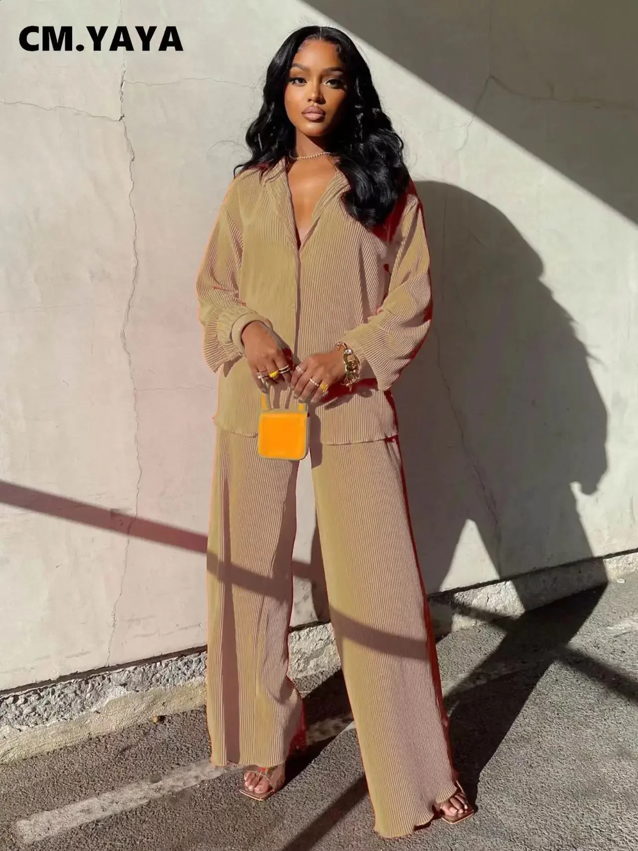 CMYAYA Women Pleated Set Wide Leg Pants Suit Long Sleeve Shirt Straight Trousers Two 2 Piece Sets Outfits Tracksuit 250826