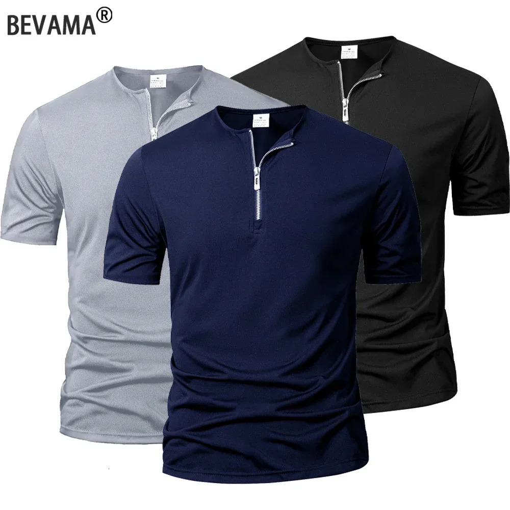 Summer Mens Short Sleeve Solid Color Zipper Collar Shirt Casual Sports TShirt Streetwear Daily Outdoor Activities Mens Top250825