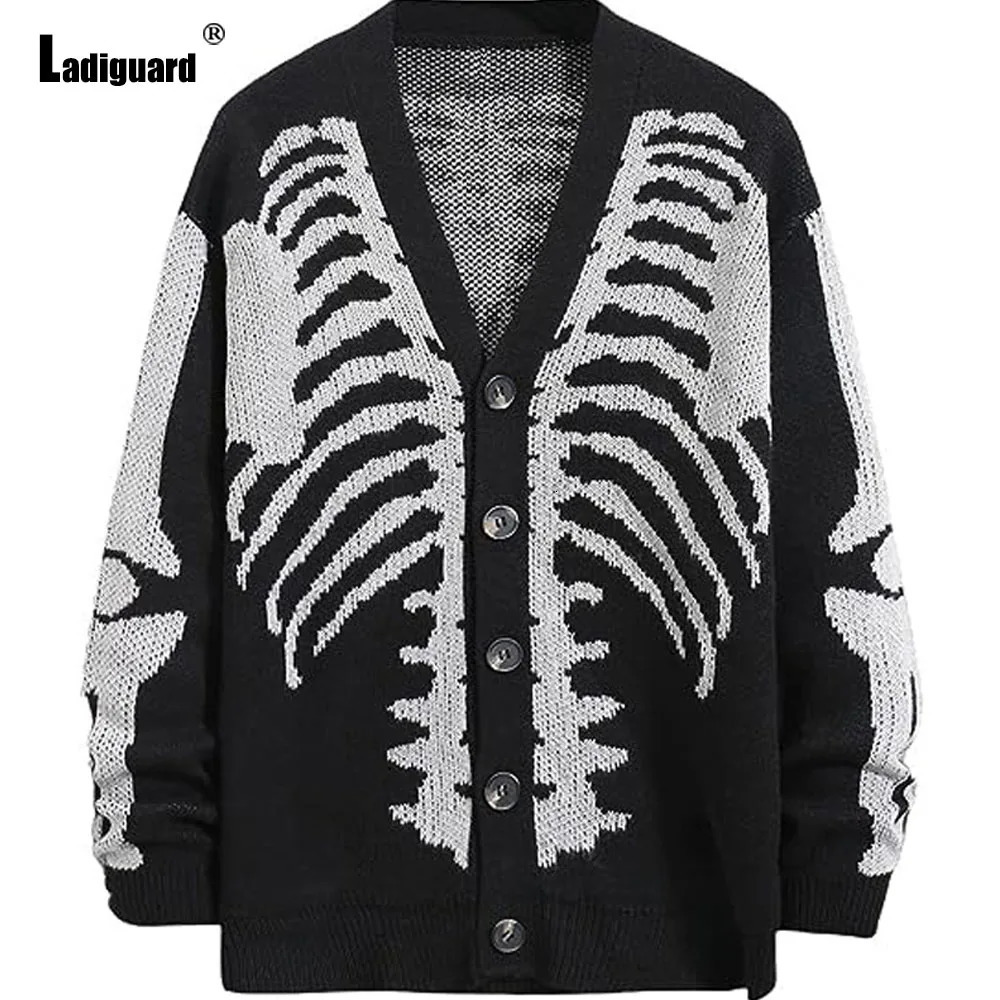 Ladiguard Men Retro Knitted Sweaters Vintage Jumpers Halloween Skull Print Top Cardigans Mens Gothic Fashion V-neck Sweater 250815