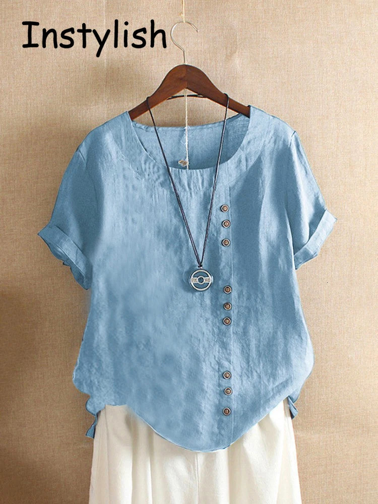 Vintage Harajuku Button T Shirt Casual Summer Short Sleeve Cotton Linen Solid Loose Blouse Elegant Oversize Tee Shirt Streetwear250825