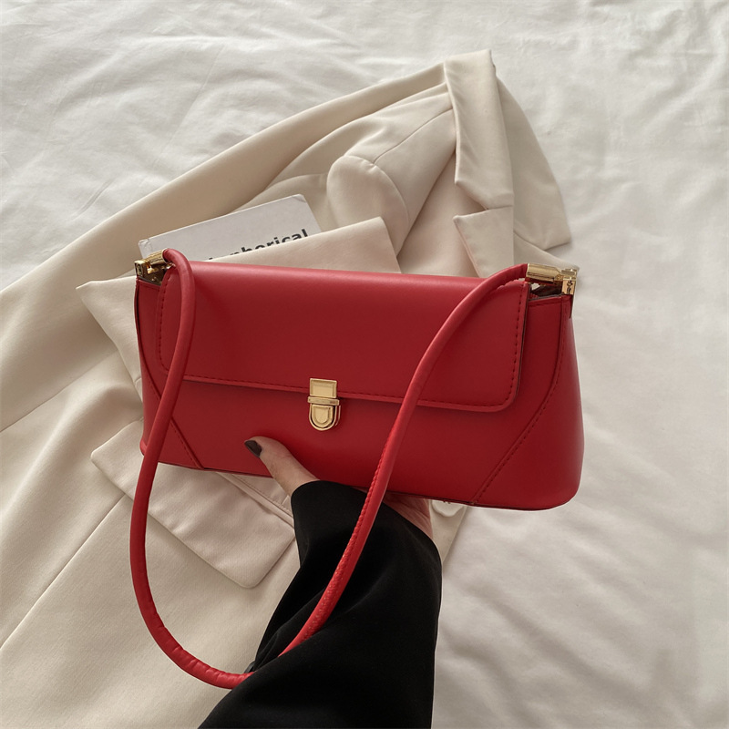 Textured Women's Casual Large Capacity New French Style Solid Color Lock Buckle Single Shoulder Baguette Underarm Bag